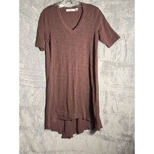 WILT Distressed V Neck Tunic Dress brown Raw Hem Made in USA XS tiny flaws